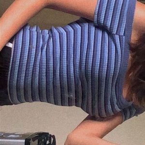 a white and blue stripped strapless crop top